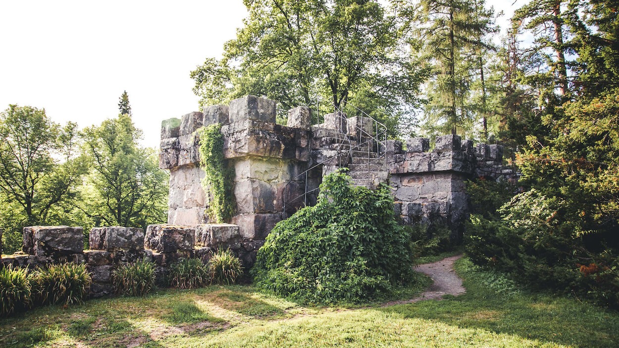 Vanha linna, jonka ympärillä vehreää kasvillisuutta.