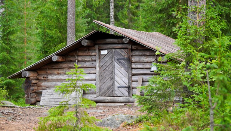 Pyöröhirrestä rakennettu iso kahden laavun yhdistelmä metsän keskellä.