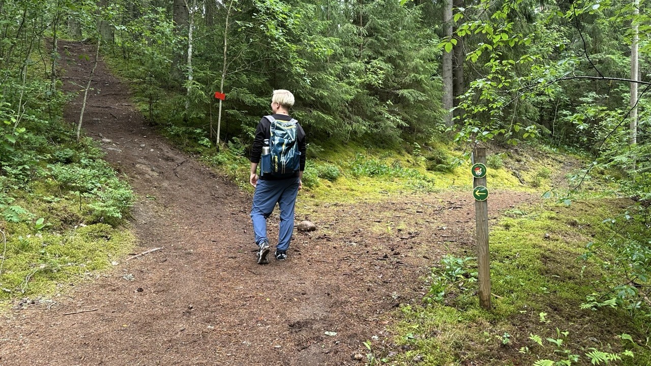 Retkeilijä metsässä polkujen risteyksessä.