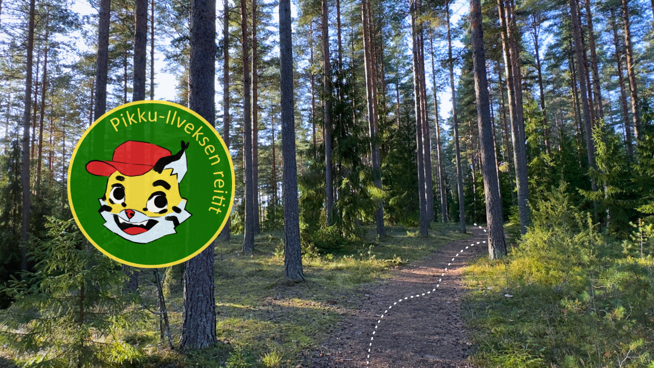 Pikku-Ilvesreittien logo on reittien varrella opstamassa.