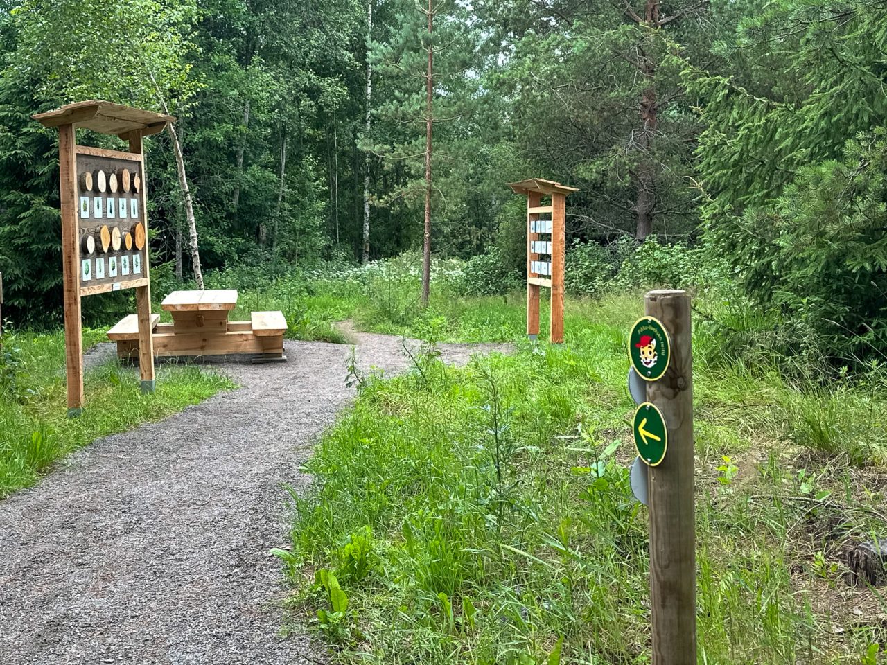 Reittimerkintä on Pikku-Ilves. Sen takana näkyy taukopaikka, jossa on pöytäpenkkiyhdistelmä ja kaksi toimintataulua.