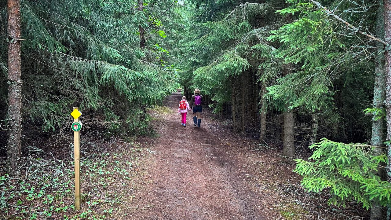 Äiti ja lapsi kävelevät vierekkäin metsäpolulla.