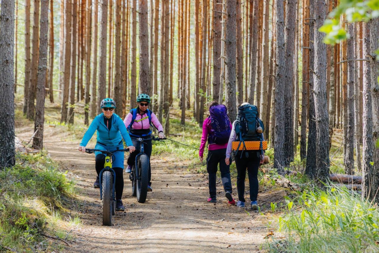 Vaeltajat kulkevat polun reunaa ja pyöräilijät kulkevat vieressä toisella reunalla.
